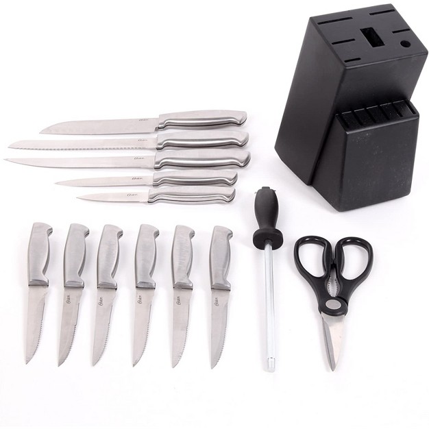 Oster Baldwyn 14 Piece Stainless Steel Cutting Kitchen Knife Cutlery Set With Swivel Block Holder And Knife Sharpener Brushed Satin