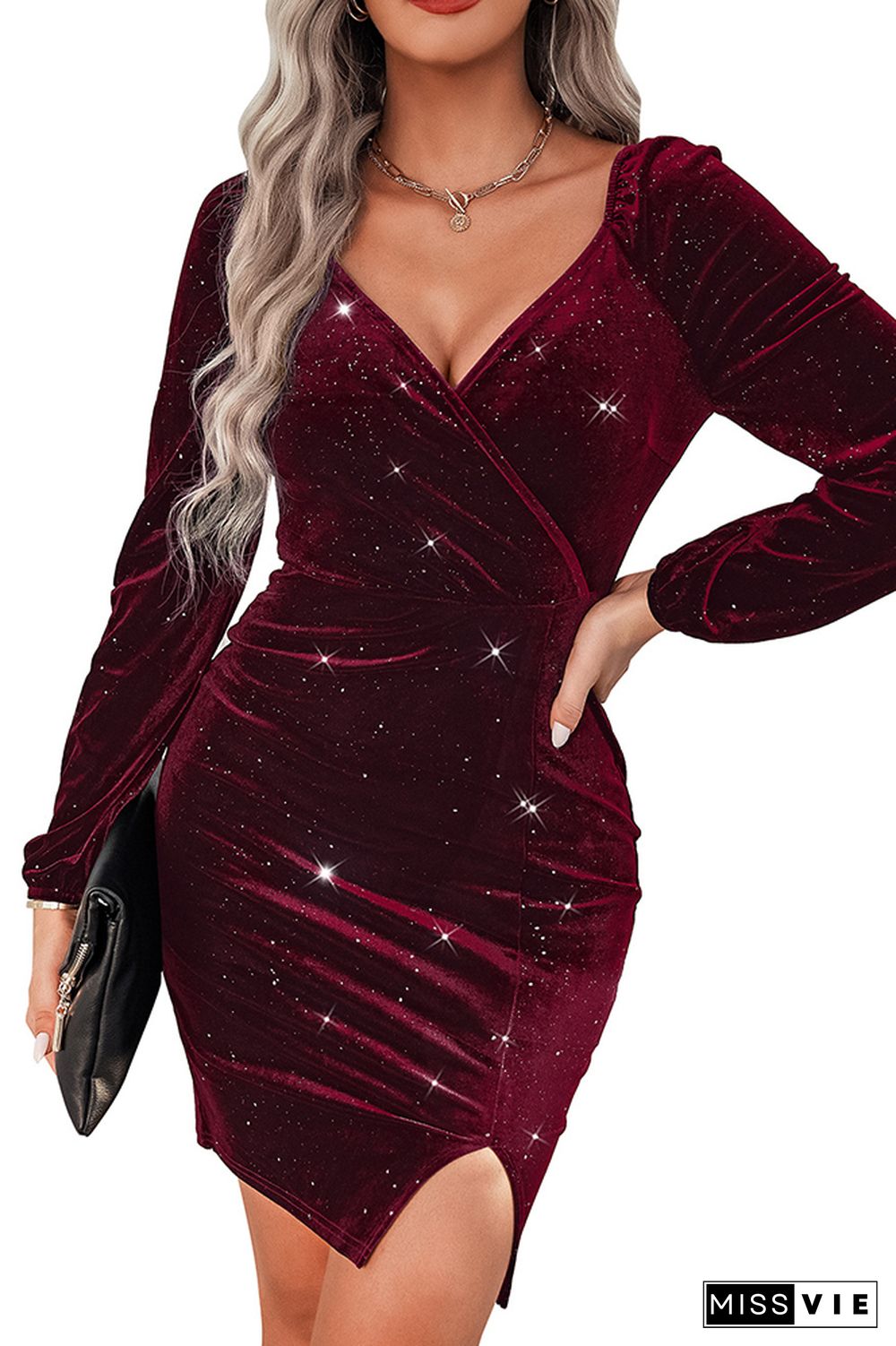 Surplice V Neck Split Sparkling Velvet Bodycon Dress