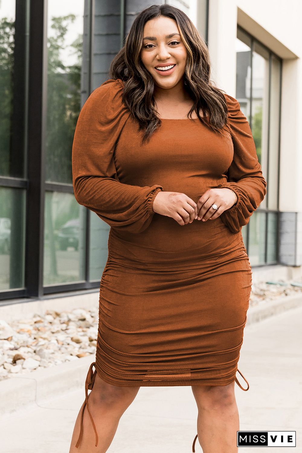 Plus Size Ruched Drawstring Bodycon Dress