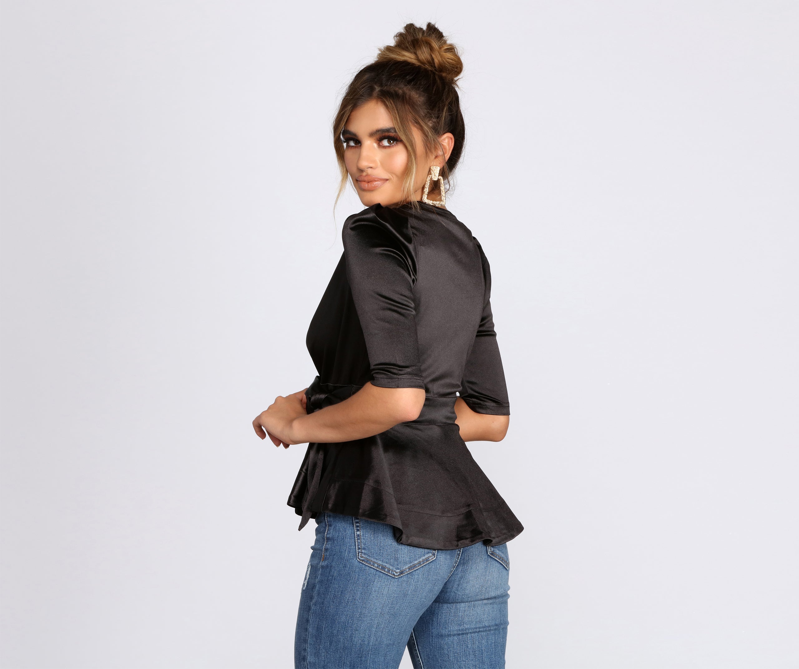 Satin Puff Sleeve Peplum Top