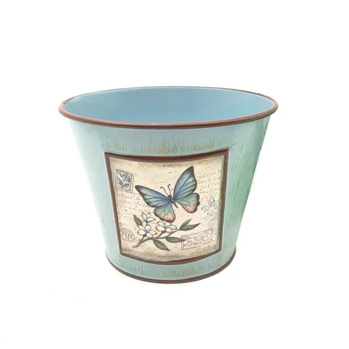 Adorable  Blue Painted Metal Flower Pot With Butterfly Distressed Small Bucket Tabletop Pencil Utensil Holder