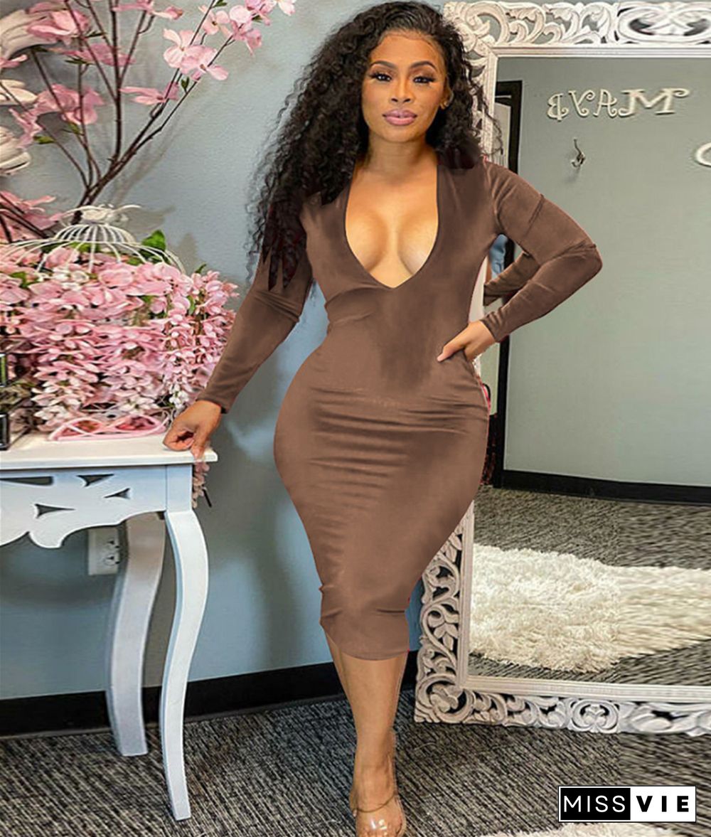 Velvet Elegant Long Sleeve V Neck Bodycon Dress