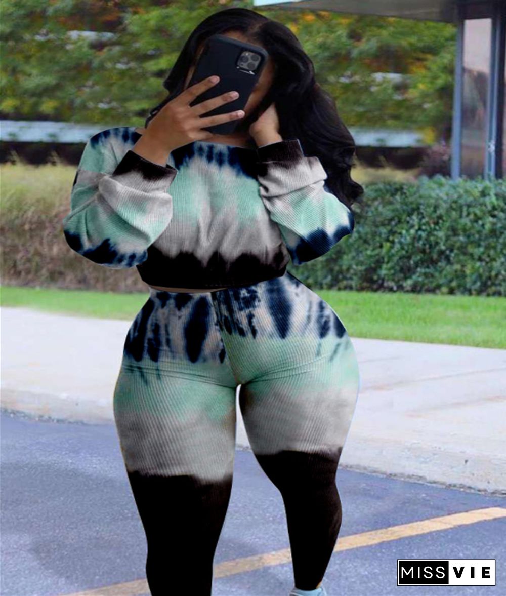 Autumn Tie-dye Long Sleeves Crop Top Skinny Pants Suit