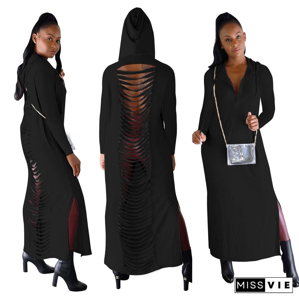 Solid Long Sleeve Back Hole Hooded Dress