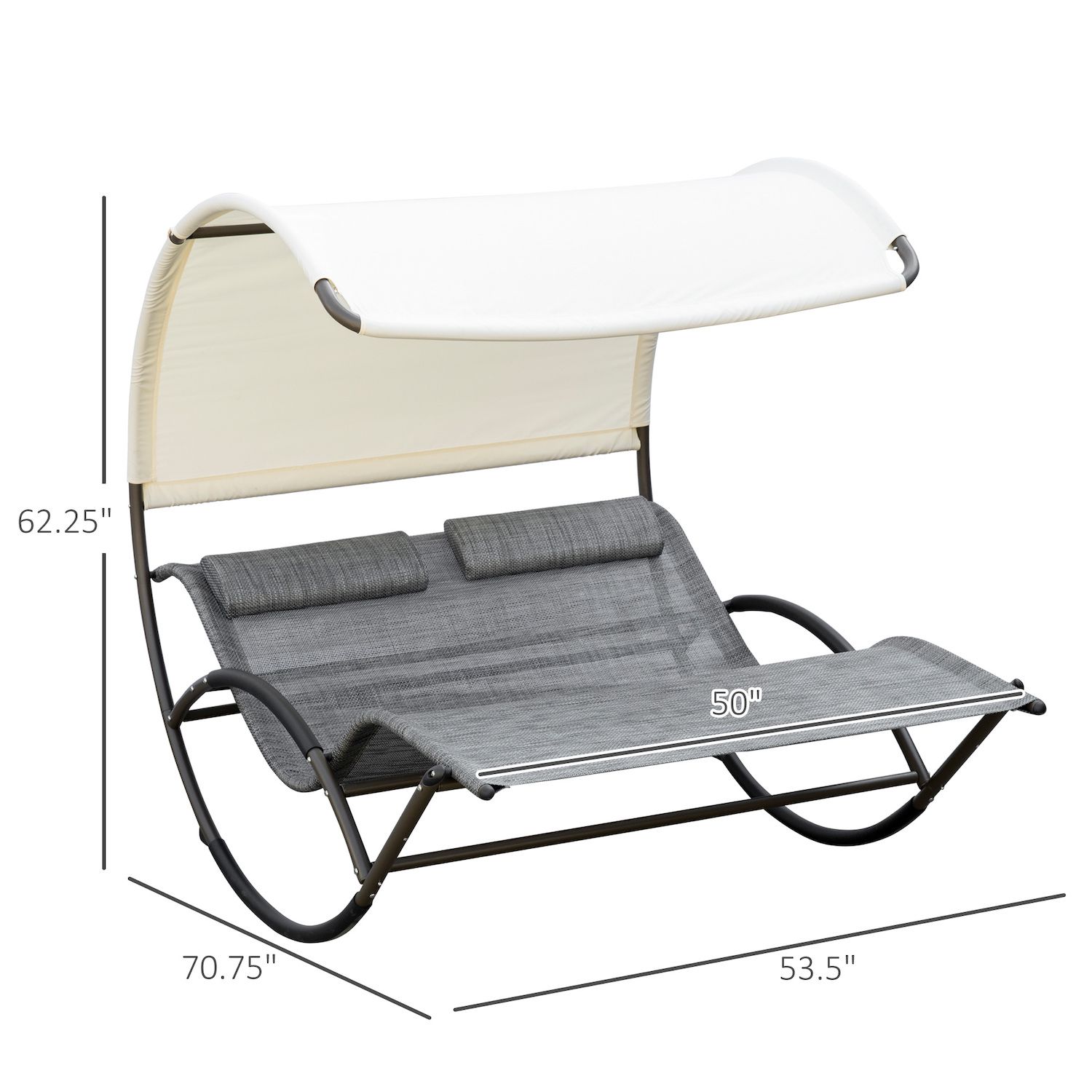 Outsunny Outdoor Double Chaise Rocking Chair， Day Bed Sun Lounger with Canopy Shade， Headrest Pillow， Light Gray