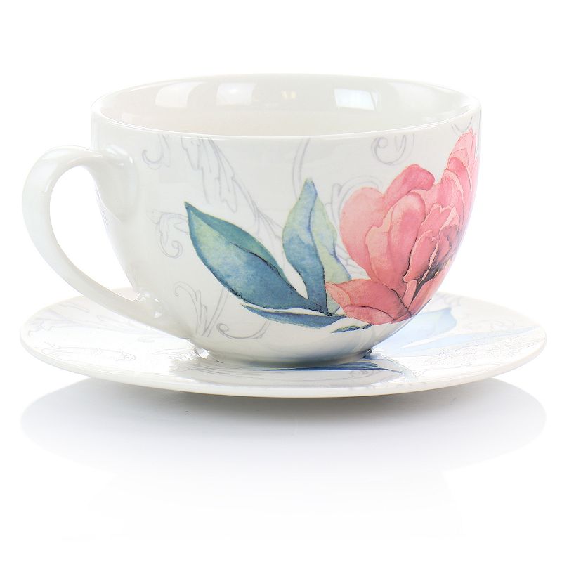 Gibson Everyday 12 Piece Ceramic Flora 18 Ounce Cup and Saucer Set in White