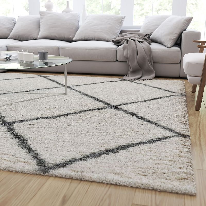 Merrick Lane Shag Style Diamond Trellis Area Rug - 8' x 10' - Ivory/Gray Polyester (PET)