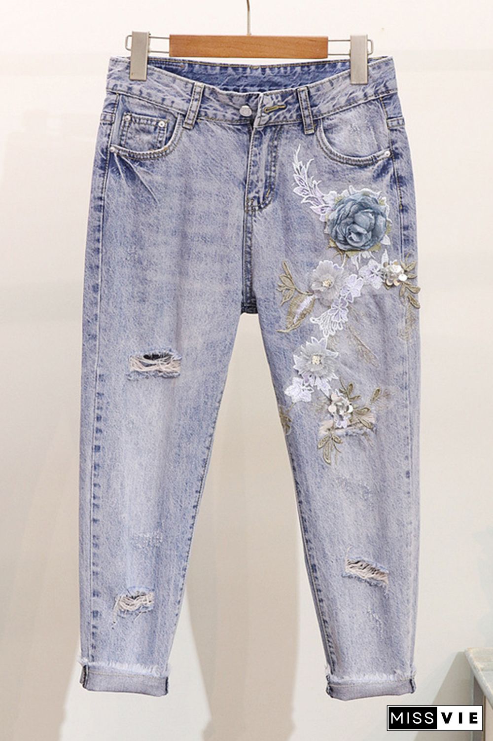 Floral Embroidery Ripped Jeans Wholesale