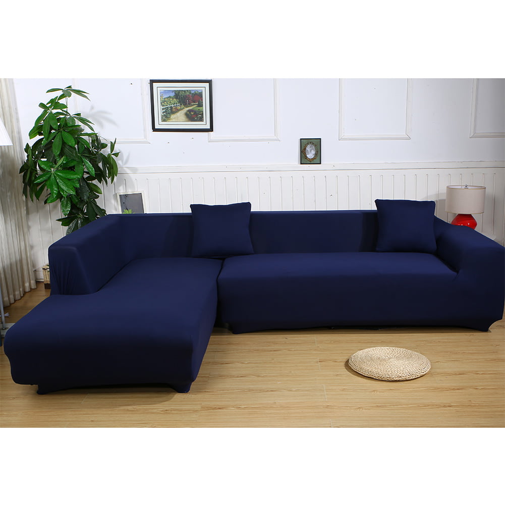 Sofa Covers for L Shape, 2pcs Polyester Fabric Stretch Slipcovers + 2pcs Pillow Covers for Sectional sofa L-shape Couch - Solid Color Blue