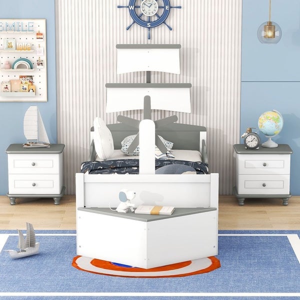 3-Pieces Bedroom Sets，Twin Size Boat-Shaped Platform Bed with Trundle and Two Nightstands - - 38073182