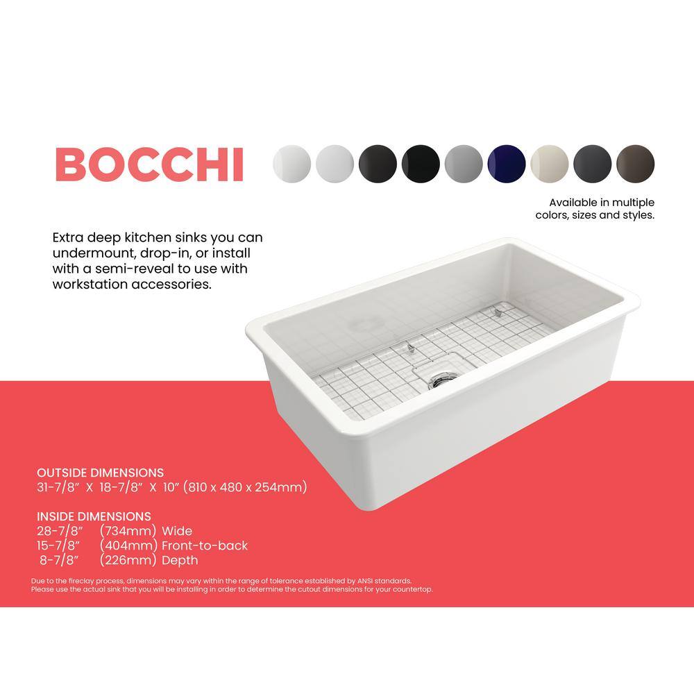 BOCCHI Sotto Undermount Fireclay 32 in. Single Bowl Kitchen Sink with Bottom Grid and Strainer in White 1362-001-0120