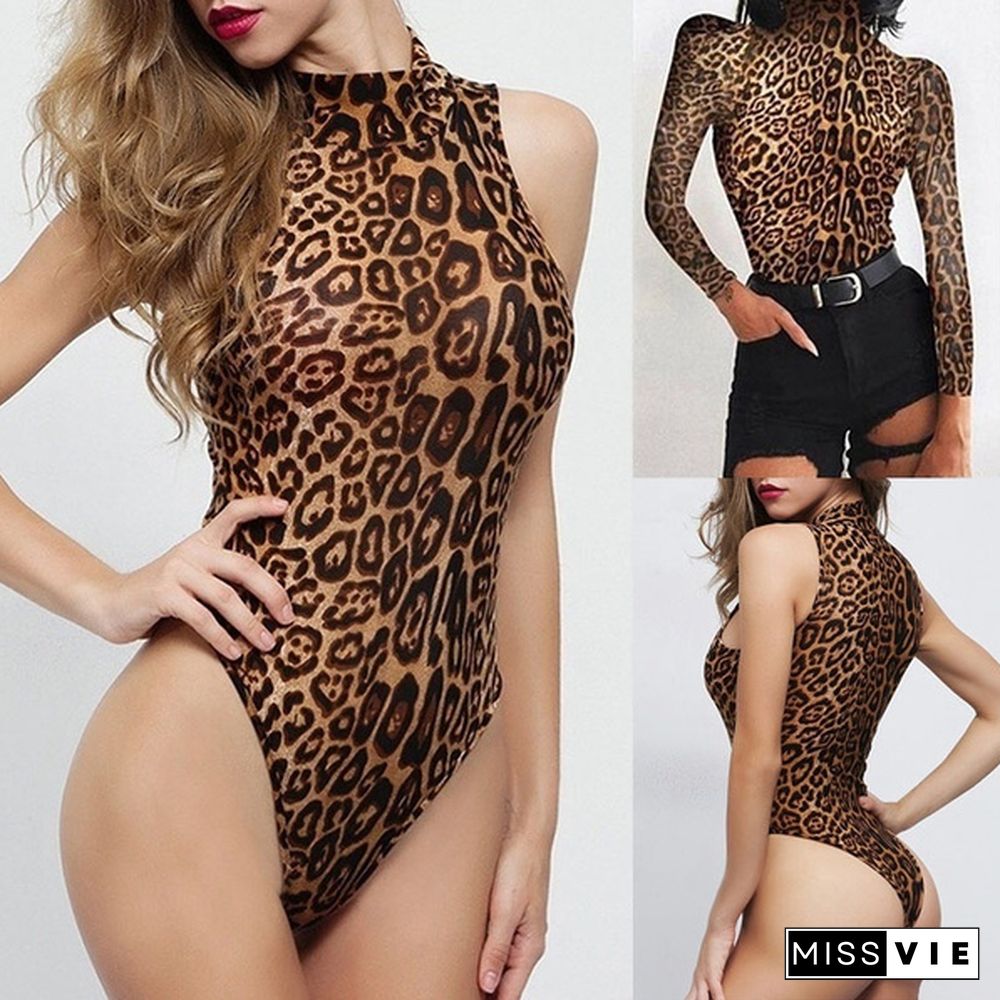 Fashion Women Leopard Turtleneck Sleeveless Bodycon Jumpsuit Bodysuit