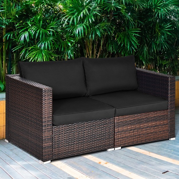 Costway 2pcs Patio Rattan Corner Sofa Sectional Furniture Set Black Cushion Black red