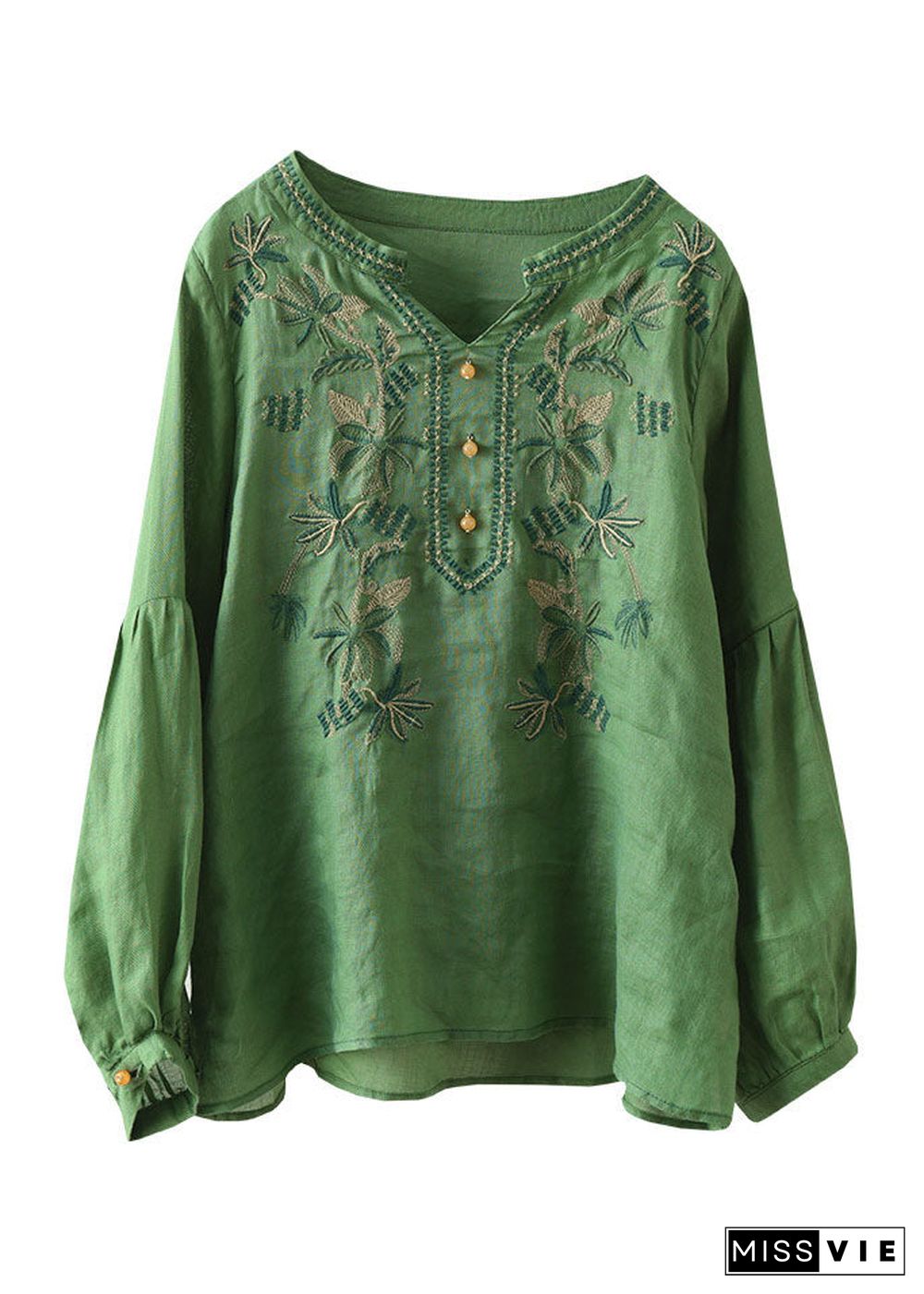 Green Patchwork Linen T Shirt Tops Embroideried Long Sleeve