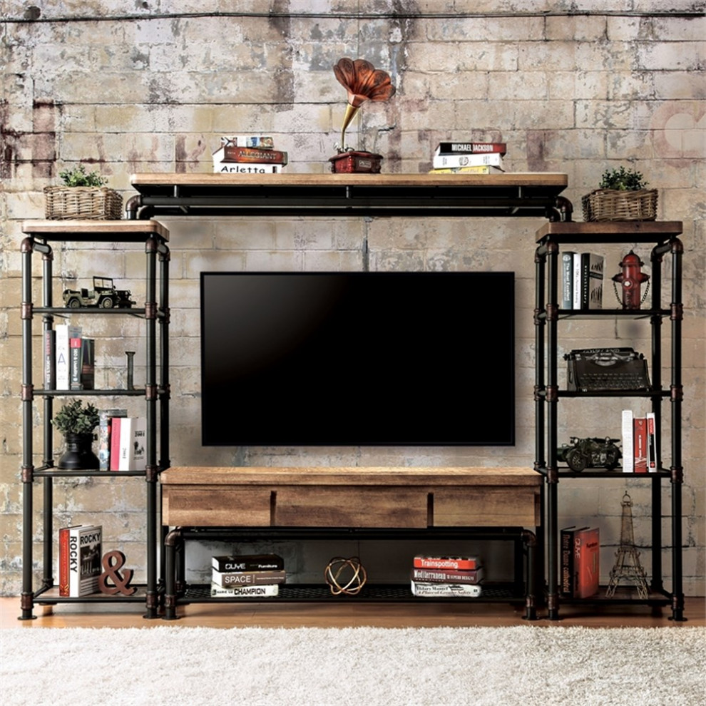 Bowery Hill Metal 4 Piece Entertainment Center in Black Finish   Industrial   Entertainment Centers And Tv Stands   by Homesquare  Houzz