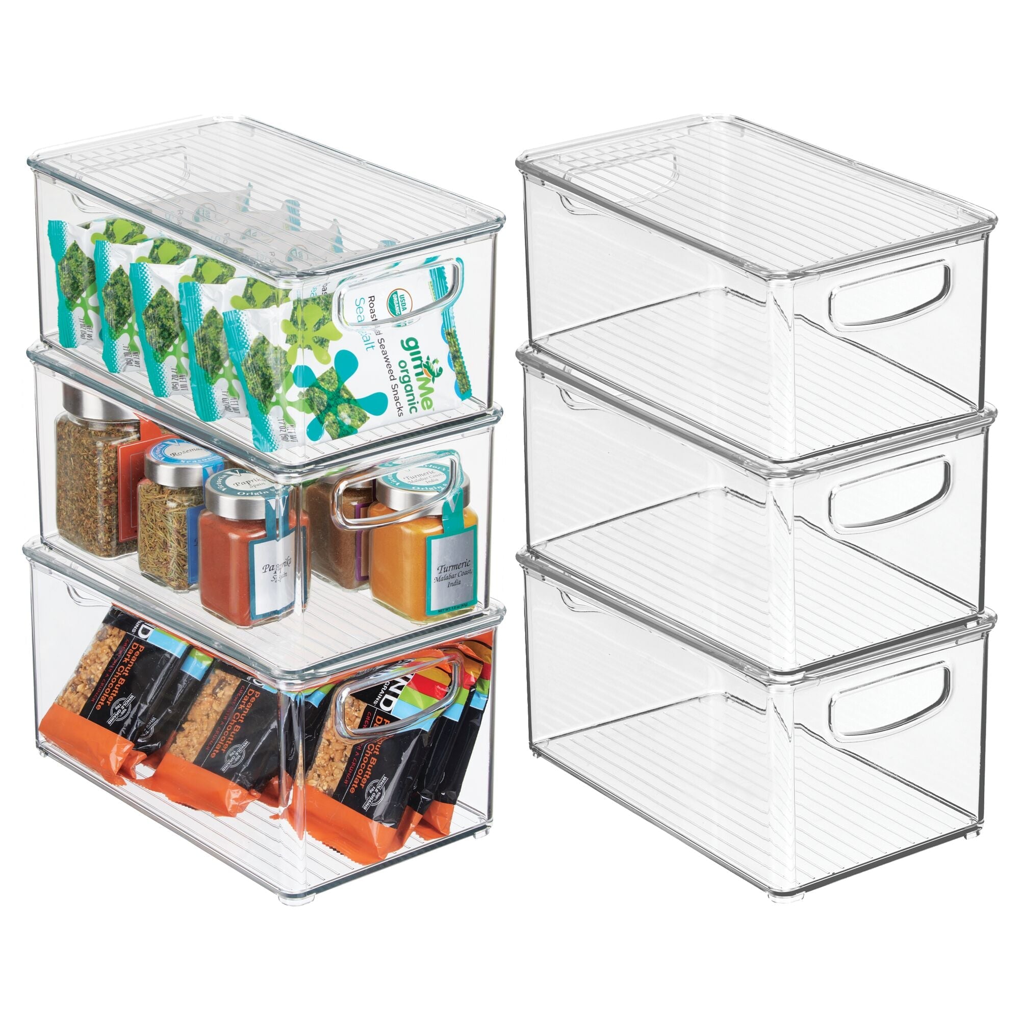 mDesign Plastic Deep Storage Bin Box Container with Lid and Built-In Handles - Organization for Fruit, Snacks, or Food in Kitchen Pantry, Cabinet, or Cupboard, Ligne Collection, 6 Pack, Clear/Clear