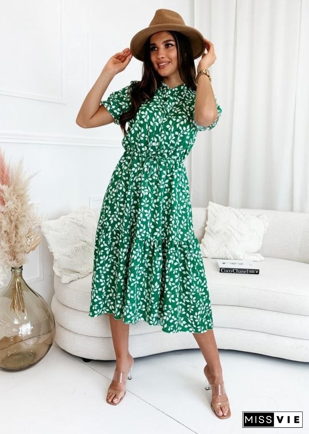 Elegant Floral Print Dresses Women Summer Dress New Casual Button Lace-up Short Puff Sleeve Slim Waist Midi Dress