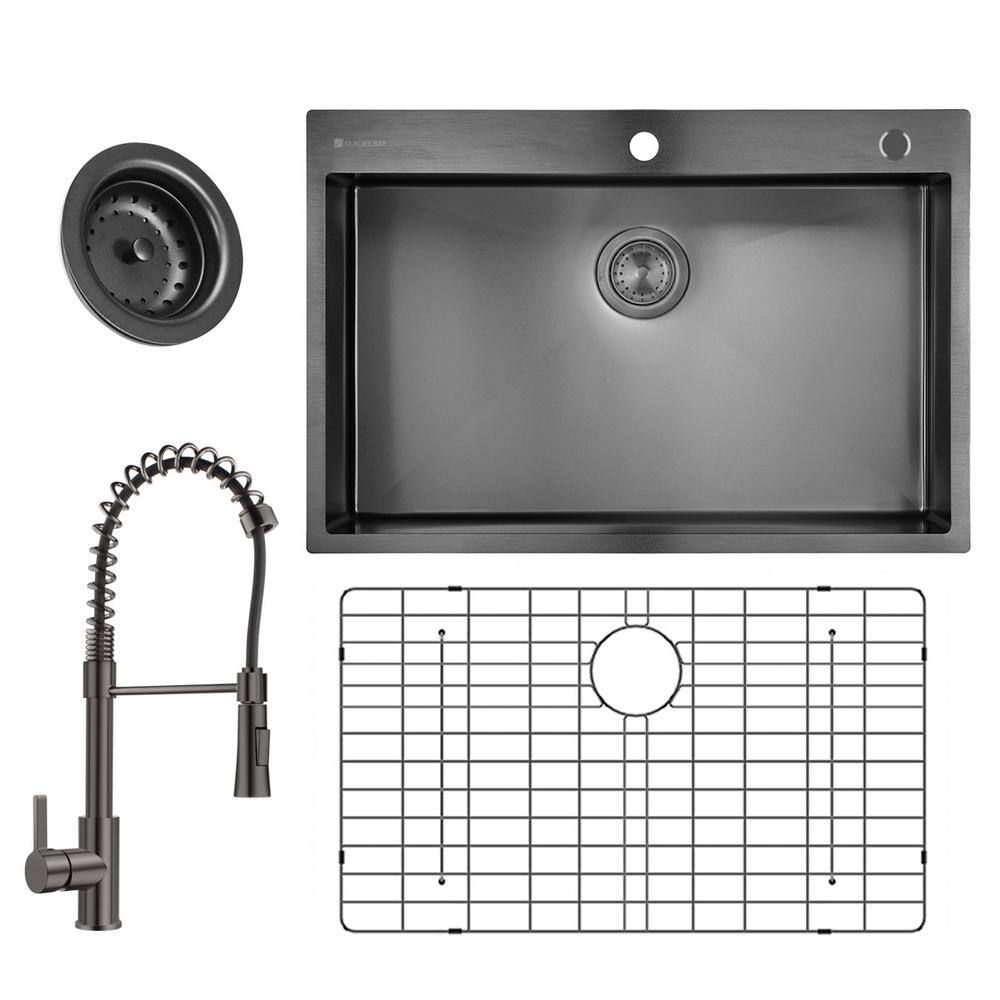 Glacier Bay Gunmetal Black Stainless Steel 33 in. 18 Gauge Single Bowl Dual Mount Kitchen Sink with Black Spring Neck Faucet ACS3322A1T-F