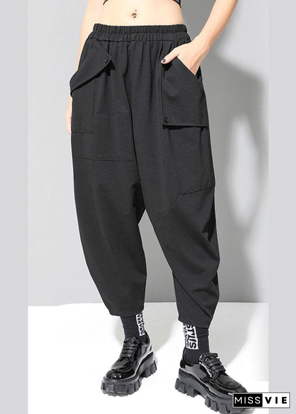 Boho Black Elastic Waist Pockets Casual Fall Harem Pants