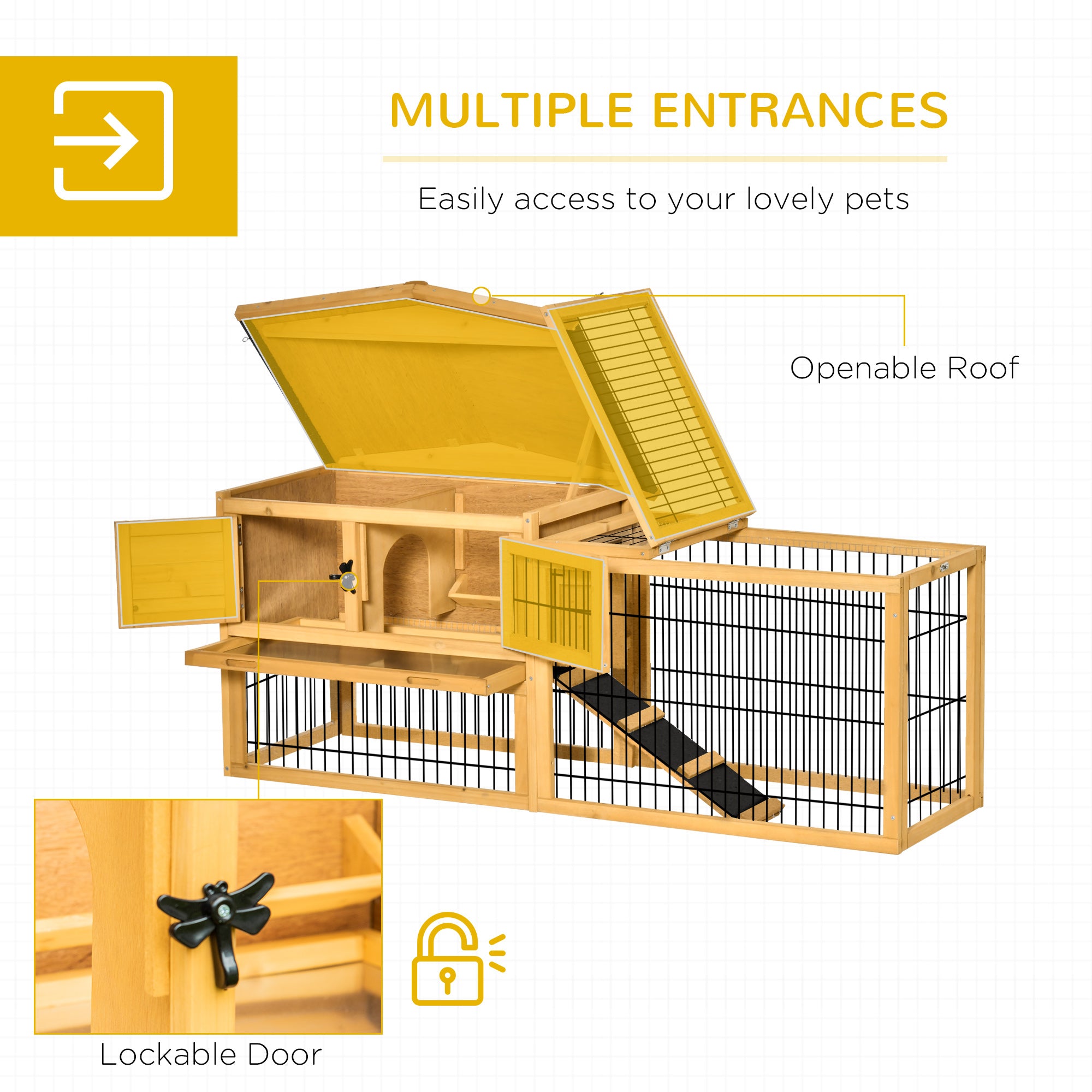 Pawhut Solid Wood Rabbit Hutch with 2 House Levels and Patio Space， Easy Clean