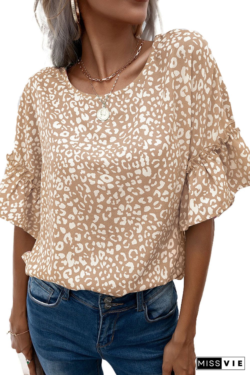 Apricot Leopard Spotted Ruffle Sleeve T-Shirt