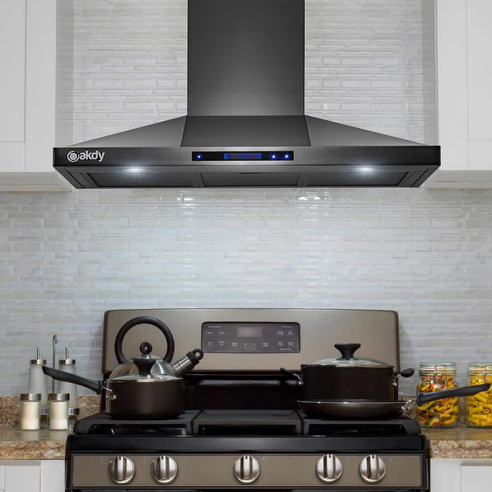 AKDY 36 in Convertible Island Mount Range Hood in Black Painted Stainless Steel with Touch Control and Carbon Filters