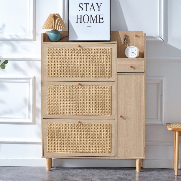 Modern Simple Rattan Shoe Cabinet With 4 Drawers And 1 Door Natural Modernluxe