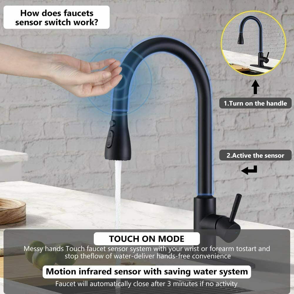 Black Touch On Sensor Kitchen Sink Faucet Pull Out Side Sprayer with Cover