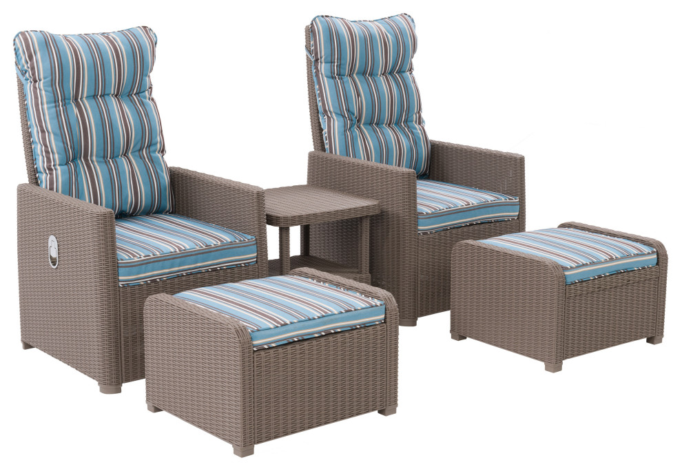 Lake Front Beige/Blue Striped Rattan Patio Recliner  Ottoman Set  5pc   Tropical   Outdoor Lounge Sets   by CorLiving Distribution LLC  Houzz