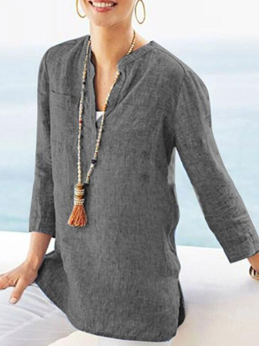 V-neck Casual Loose Solid Color Long-sleeved Blouse