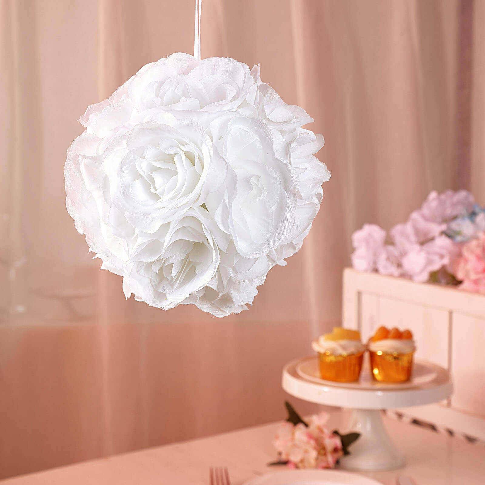 2 Pack White Artificial Silk Rose Kissing Ball, Faux Flower Ball 7