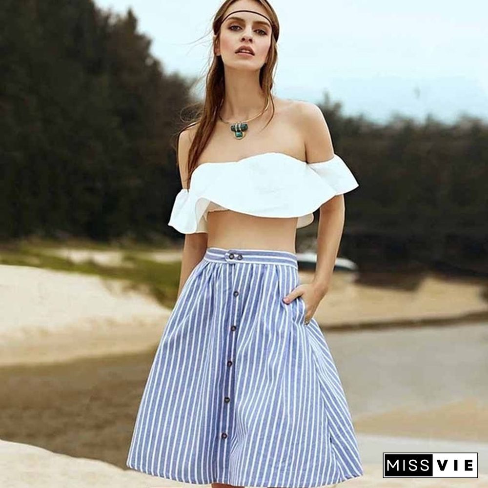 Women Striped A-Line Blue Single-Breasted Skirt Summer Cute Casual Knee-Length Skirts