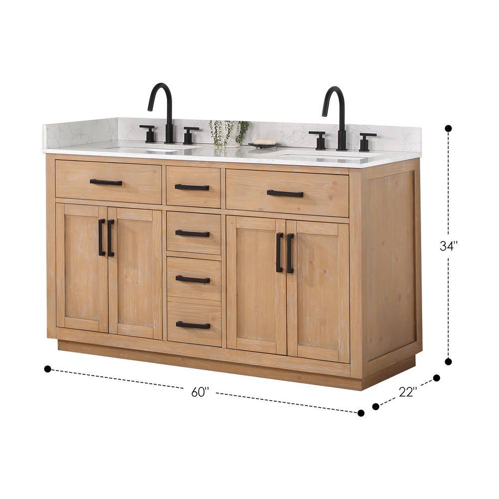 Altair Gavino 60 in. W x 22 in. D x 34 in. H Bath Vanity in Light Brown with Grain White Composite Stone Top 557060-LB-GW-NM