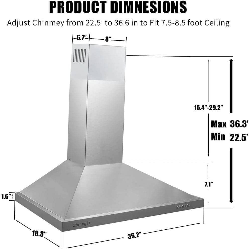 36 in 450 CFM Ducted Wall Mount with LED Light Range Hood in Stainless Steel