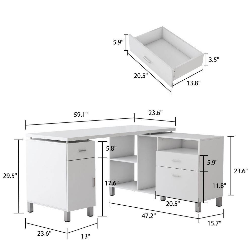 FUFUGAGA 59.1 in. L-Shaped White Wood Home Office Writing Desk with Reversible Hutch Cabinet Workstation with Drawers  Shelves KF210174-012-cc