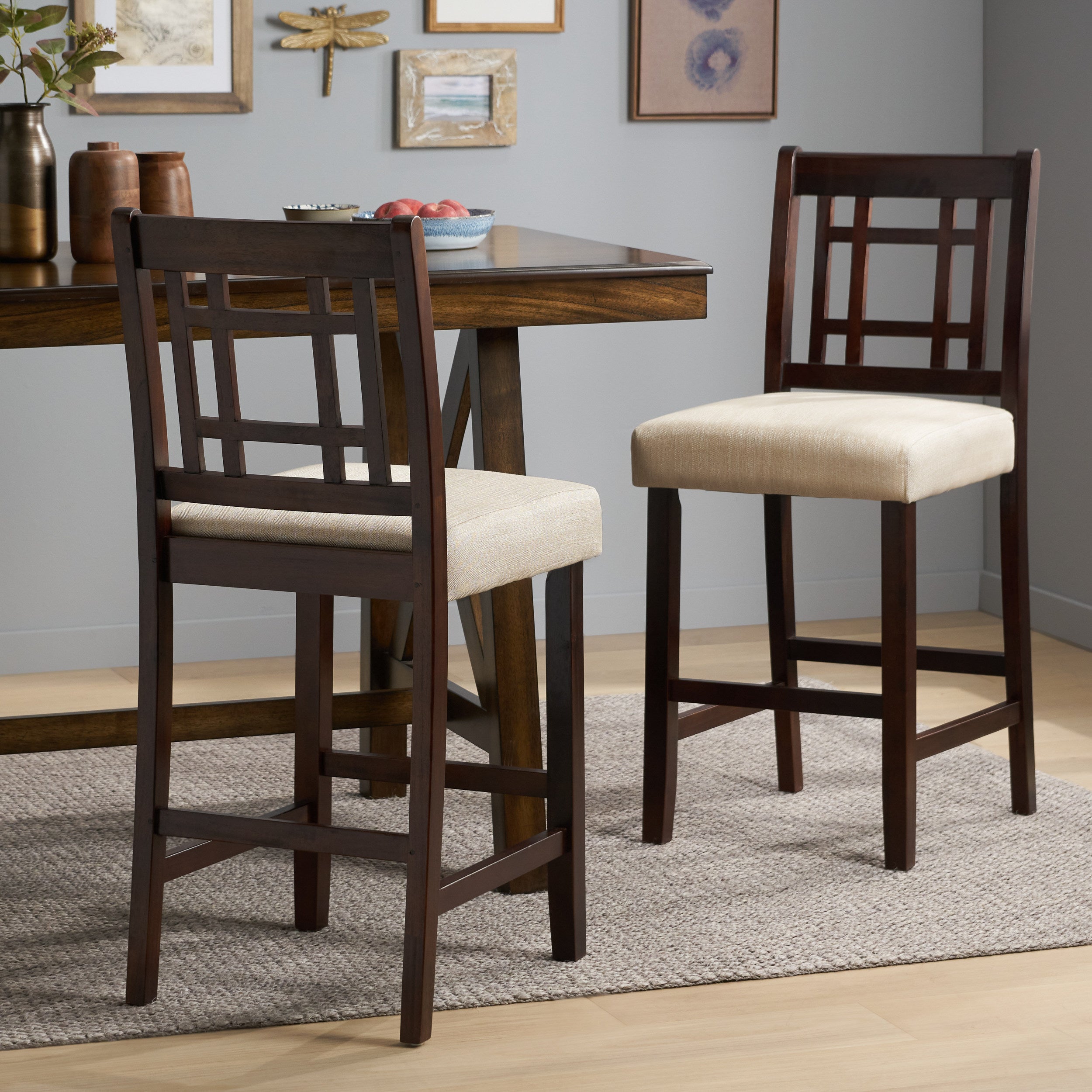 Etodens 26-Inch Brown Mahogany Acacia Counterstool with Beige Cushion (Set of 2)