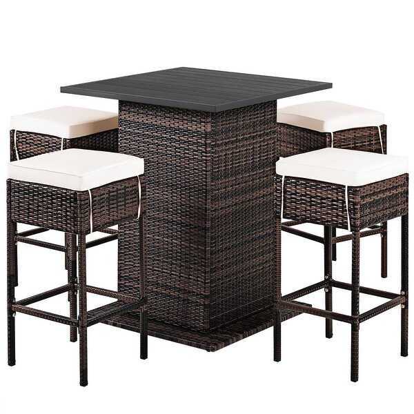 5 PCS Outdoor Rattan Bar Set Patio Bar Table with 4 Cushions Stools