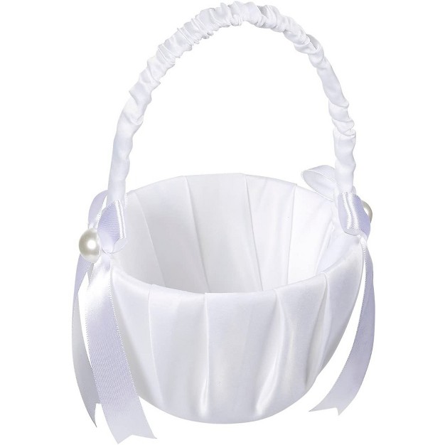 Juvale White Flower Girl Basket For Weddings Flower Pedal Basket In Satin Bowknot And Pearl Design 8 X 5 2 X 6 In