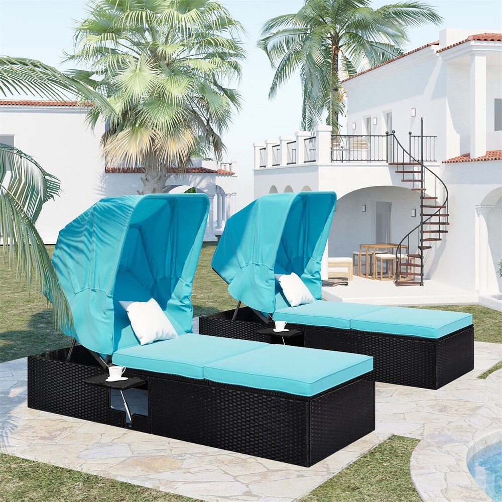 Leisure Zone Reclining Single Chaise Lounge with Canopy and Cup Table(Set of 2)