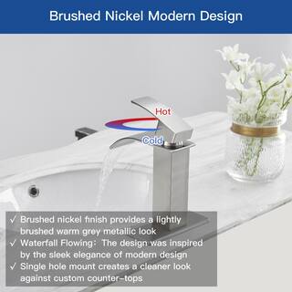 BWE Waterfall Single Hole Single-Handle Low-Arc Bathroom Faucet With Pop-up Drain Assembly in Brushed Nickel A-96021-N-2