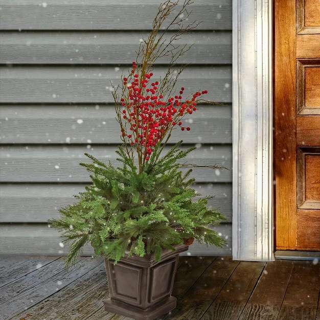 Pre-lit Potted Pine and Berries Artificial Plant With Led White Lights