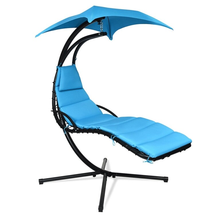 Hanging Chaise Lounger with Stand and Pillow for Outdoor   Blue   73.5'' x 40'' x 79\