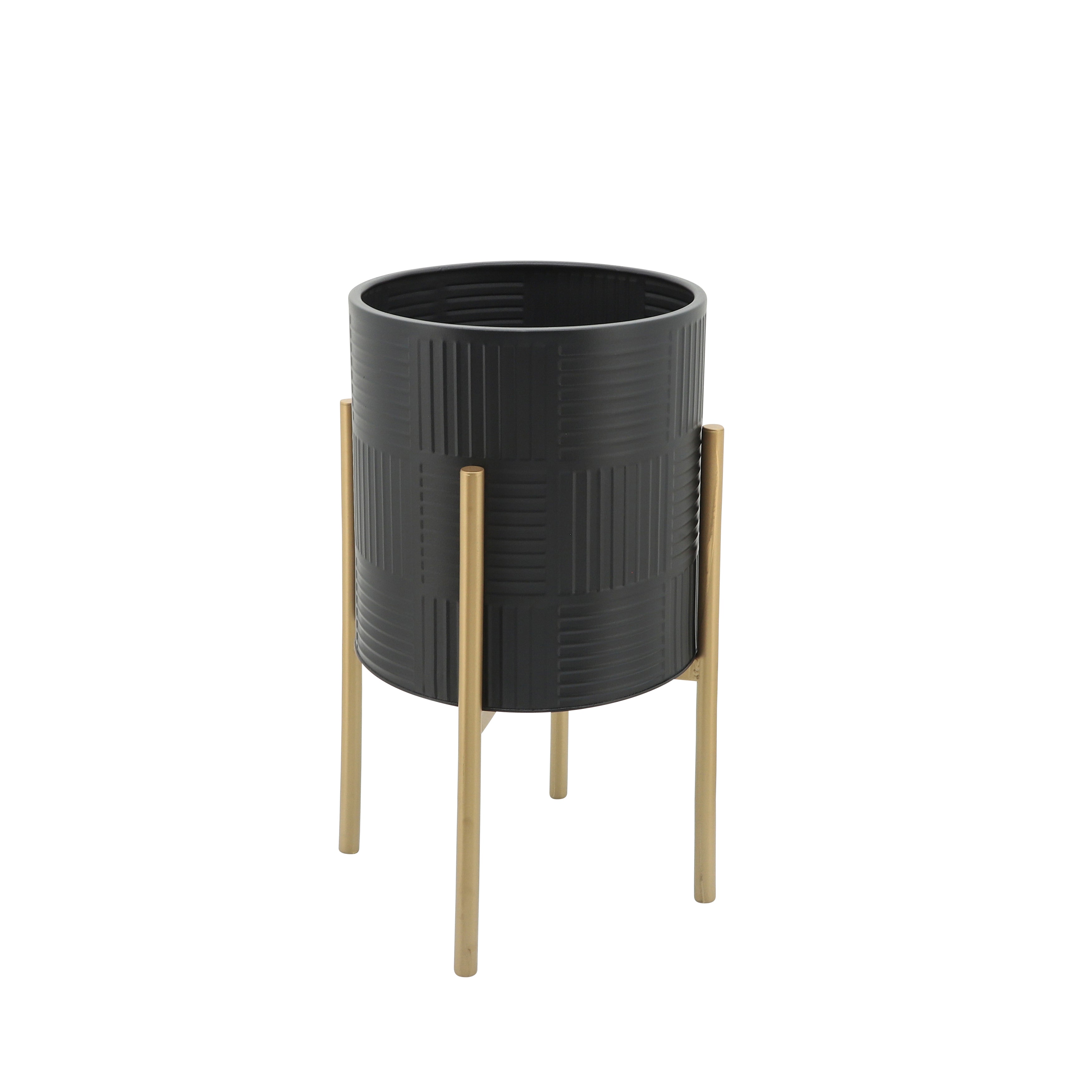 Sagebrook Home Set Of 2 Planter With  Lines On Metal Stand, Black/Gold, Round, Iron, Contemporary, 23"H, Line