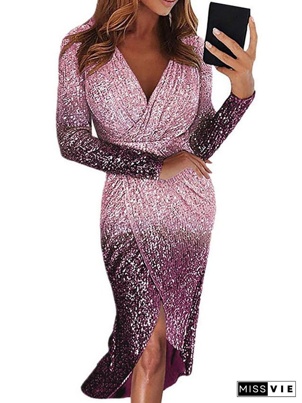 Women's Bodycon Long Sleeve Color Gradient Color Block Sequins Asymmetric Elegant Sexy Black Blue Purple Red Yellow Blushing Pink Gold Silver S M L XL XXL