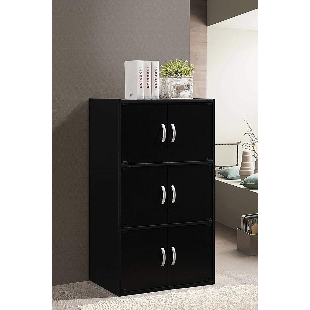 Hodedah HID33 Home 6 Door 3 Shelves Bookcase Enclosed Storage Cabinet  Black   50.6