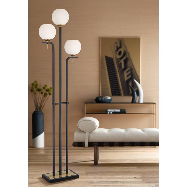 Tall Black Warm Gold Metal 3 Light Frosted White Glass Globe Shade For Living Room Bedroom Office