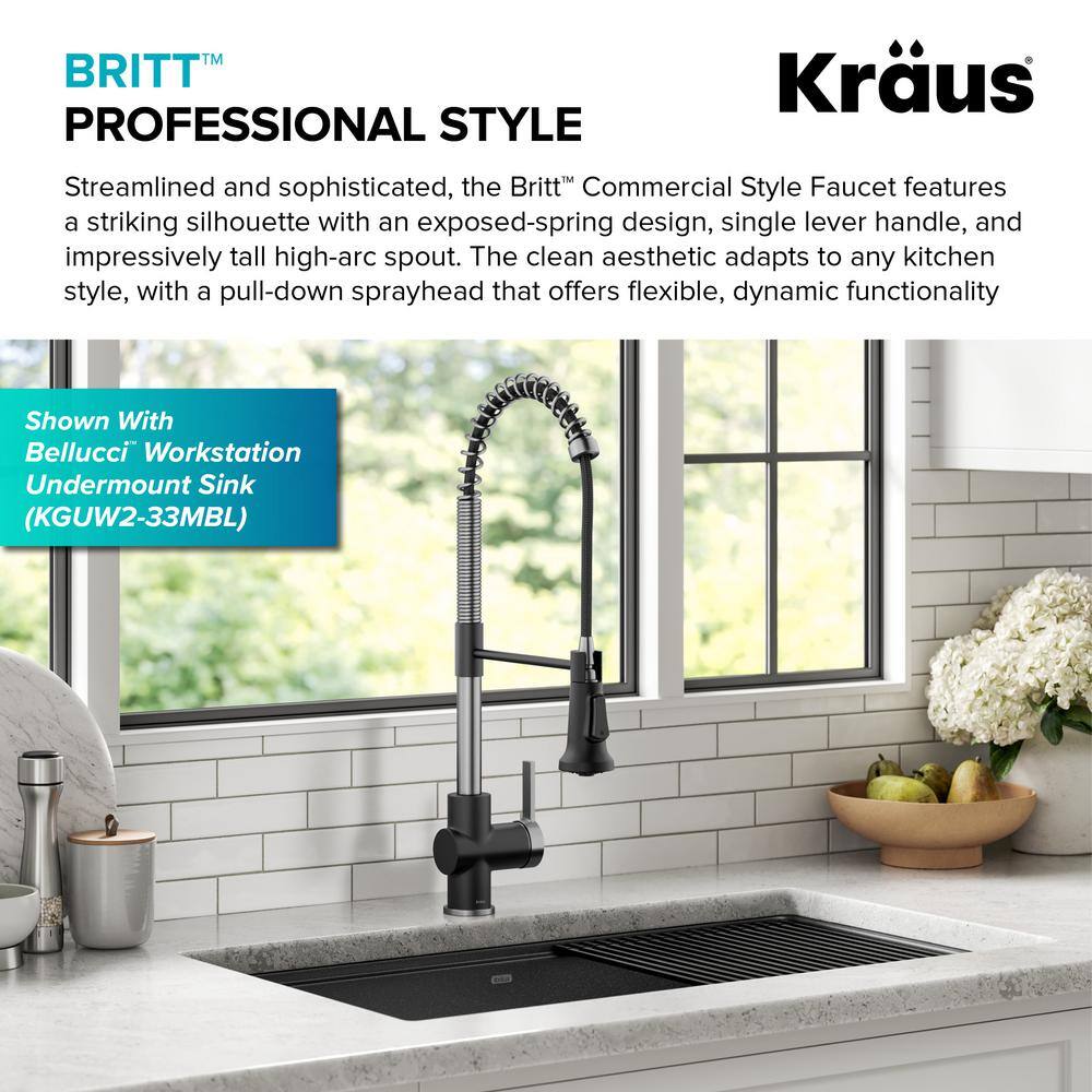 KRAUS Britt Commercial Style Pull-Down Single Handle Kitchen Faucet in Spot-Free Stainless SteelMatte Black KPF-1691SFSMB