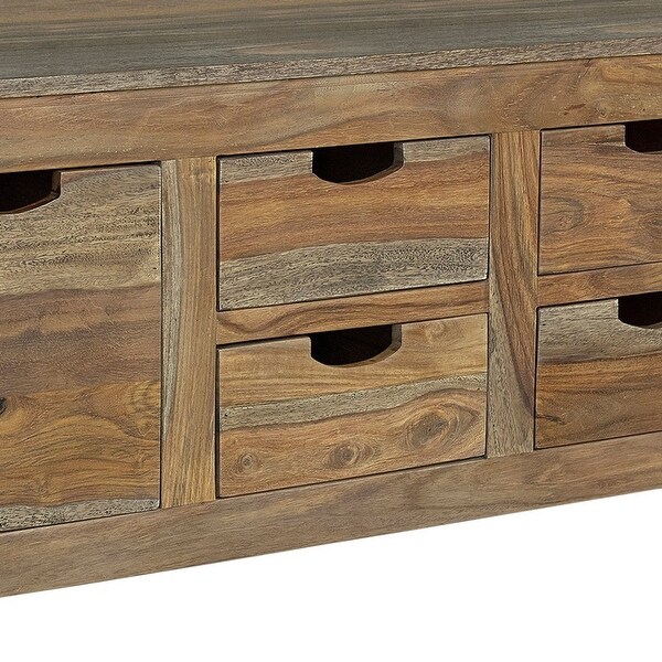 Dale 53 Inch Rustic Storage Coffee Table， 6 Gliding Pull Out Drawers， Brown