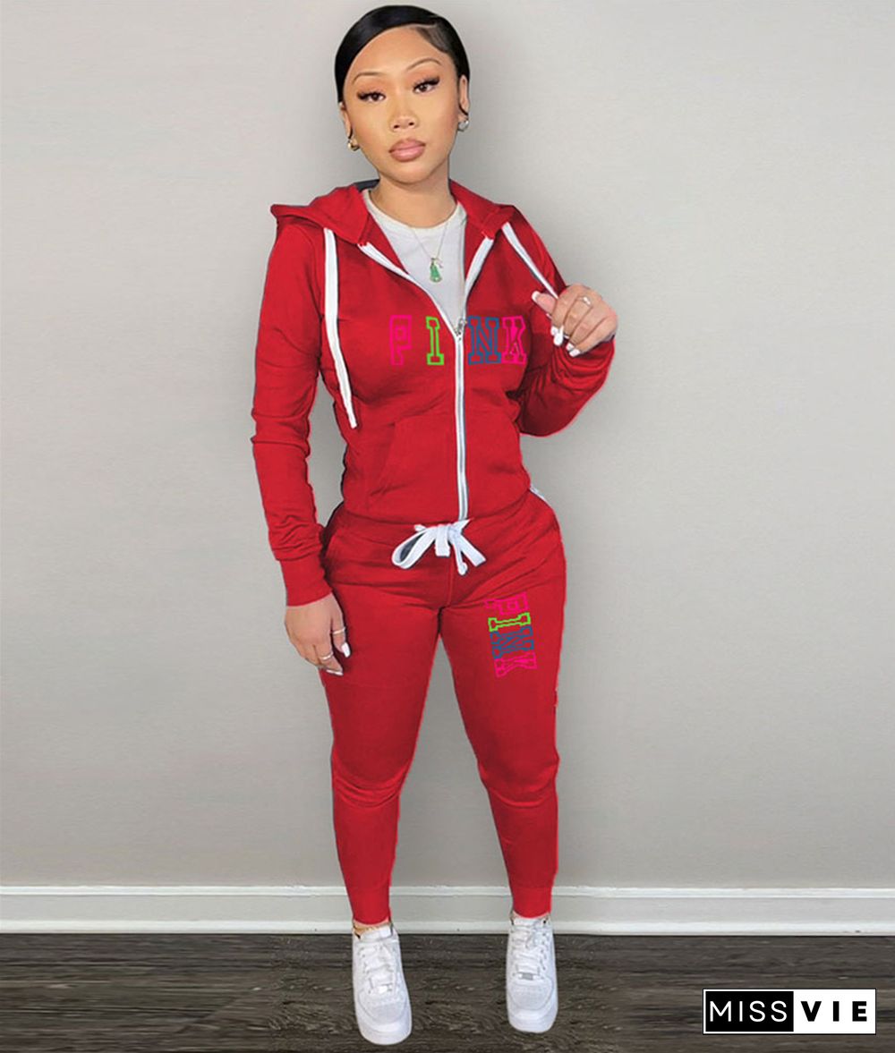 PINK Letter Zipper Hooded Coat and Pants Joggers Suit