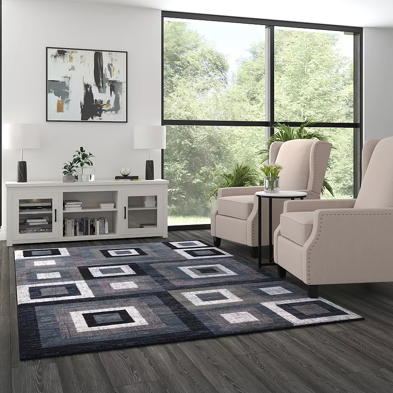 Masada Rugs Newton Collection Modern 6'x9' Accent Rug with Geometric Square Pattern in Blue， Gray and White